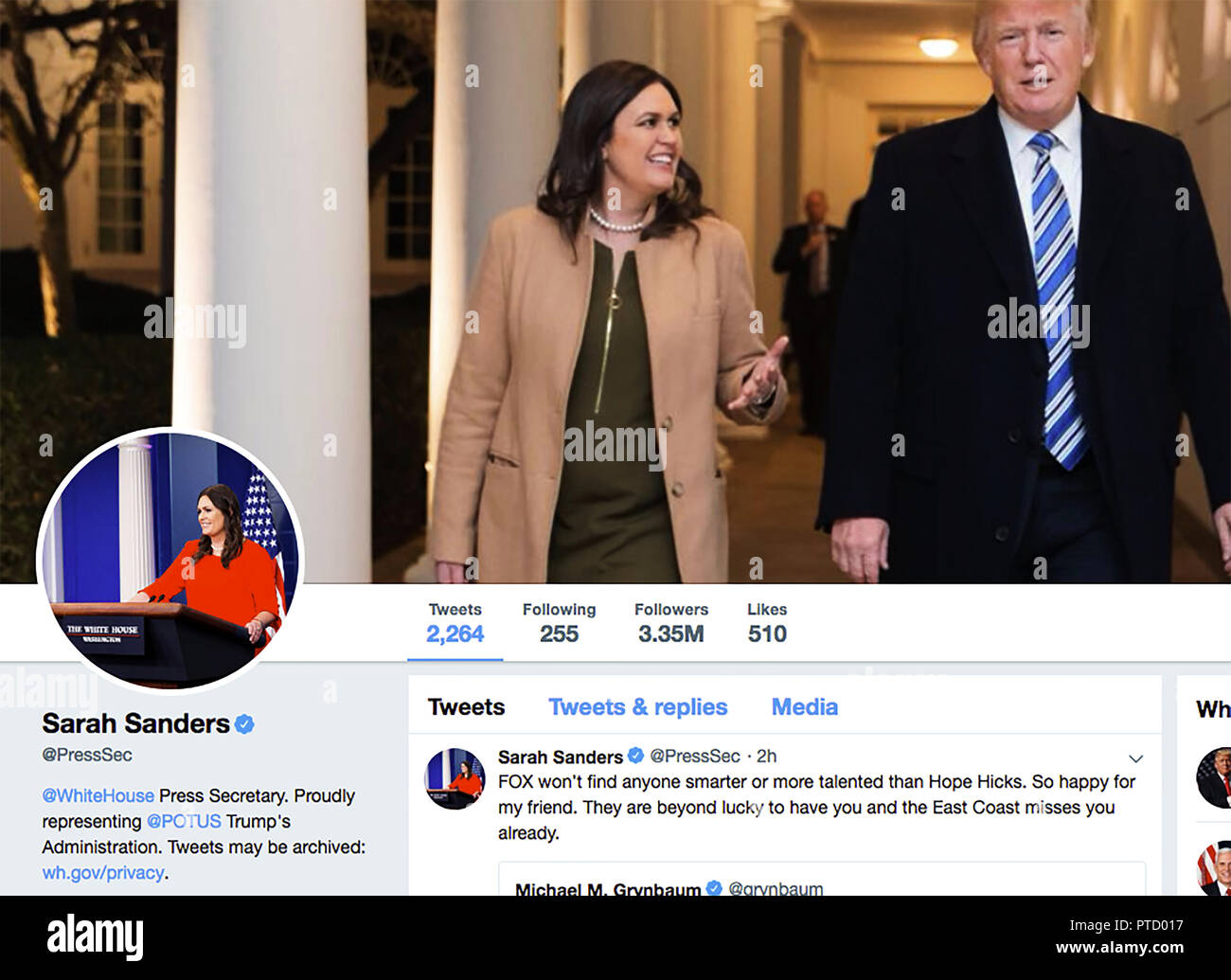 Pagina su Twitter per Sarah Sanders. Sarah Elizabeth Huckabee Sanders è un americano di campaign manager e consigliere politico che attualmente serve come la ventinovesima segretario stampa della Casa Bianca sotto il presidente Donald Trump. Foto Stock