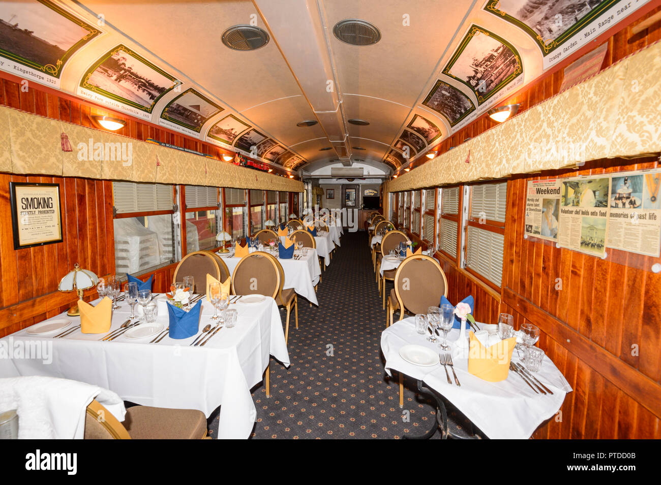 All'interno di uno splendido carrello del grande divario Scenic Railway treno turistico DownsSteam Railway & Museum, Drayton, Toowoomba, Sud del Queensland, QLD Foto Stock