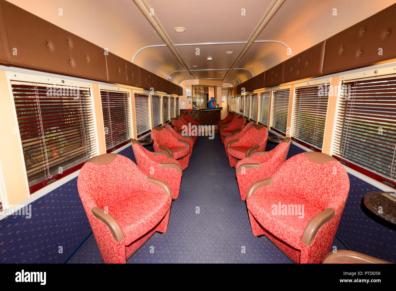All'interno di un carrello del grande divario Scenic Railway treno turistico DownsSteam Railway & Museum, Drayton, Toowoomba, Sud del Queensland, QLD, Austral Foto Stock