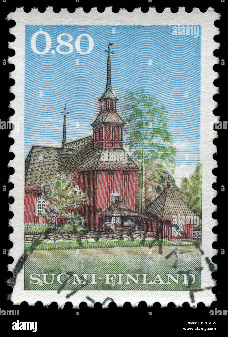 Con timbro postale timbro dalla Finlandia nella chiesa in legno in Keuruu serie rilasciato in 1970 Foto Stock