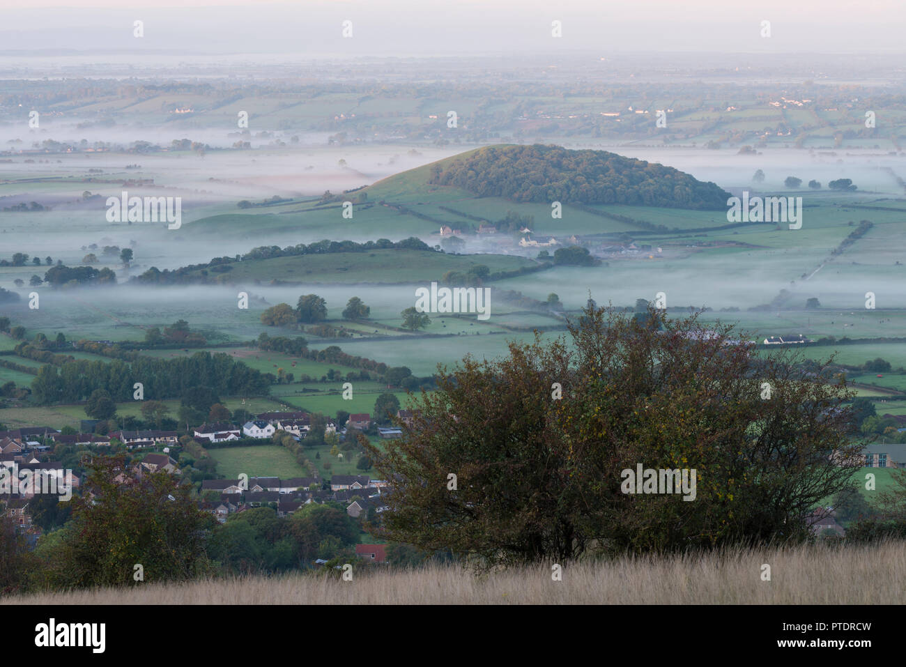 Early Morning mist oltre i livelli di Somerset e Nyland Hill visto dal Draycott Sleights in Mendip Hills, Somerset, Inghilterra. Foto Stock