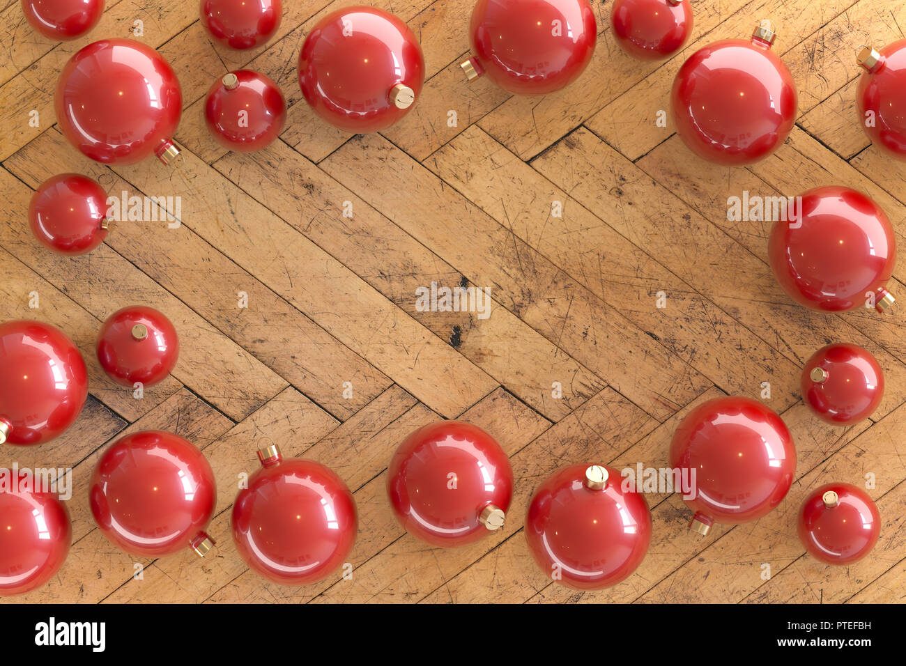 3D render di una collezione di rosso baubles di Natale a lisca di pesce in legno parquet Foto Stock
