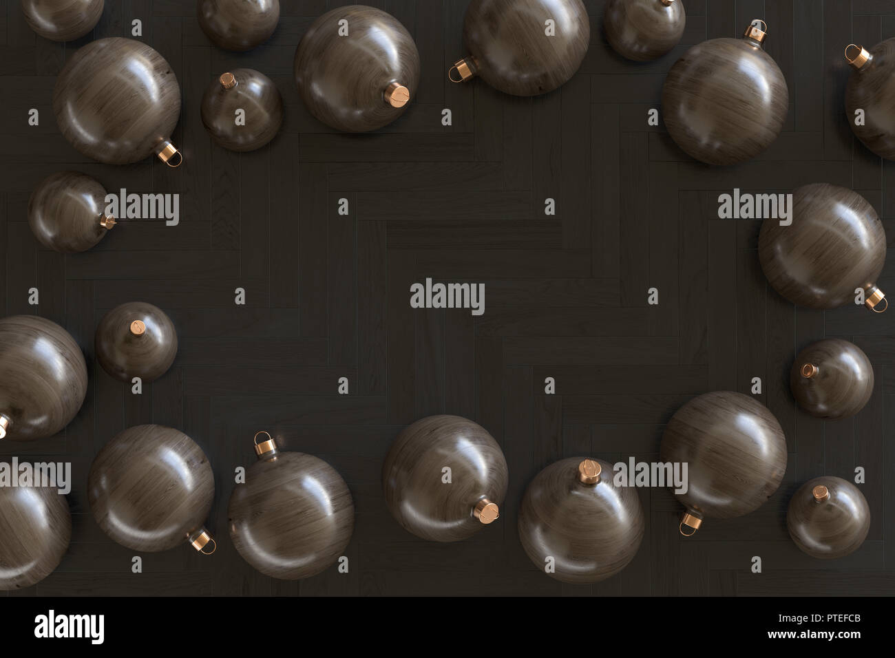 3D render di una collezione di dark woodenChristmas baubles sul legno scuro parquet a spina di pesce piano Foto Stock