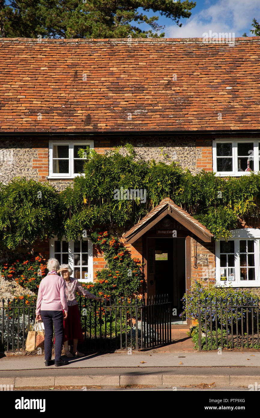 Inghilterra, Berkshire, Goring sul Tamigi, High Street, donne in chat al di fuori idilliaco, costruita tradizionalmente Bridge Cottage con piccolo giardino anteriore Foto Stock