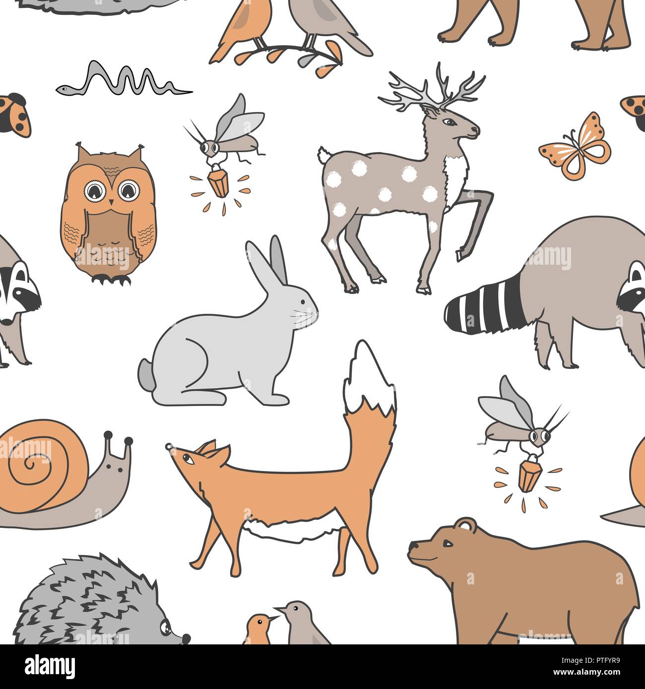 Gli animali del bosco seamless pattern. La volpe, l'orso, raccoon, OWL, coniglio, Firebug e riccio su sfondo bianco. Vettore sfondo per bambini Illustrazione Vettoriale