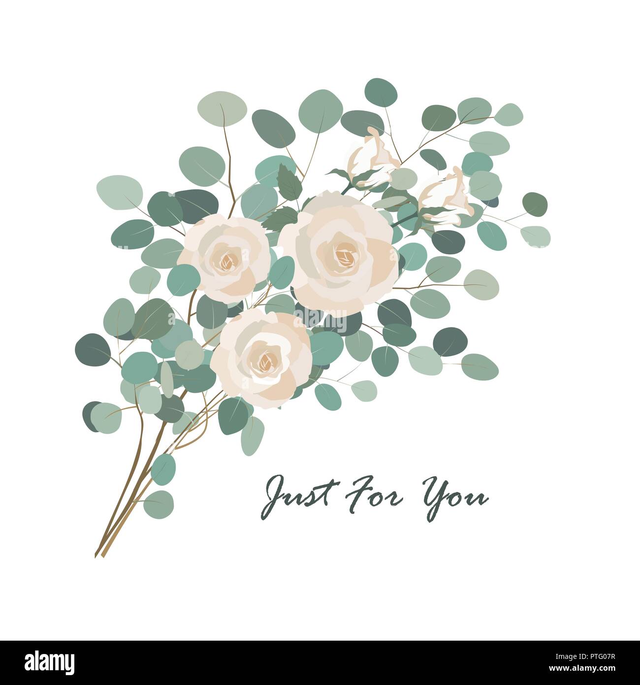 Vettore bouquet floreale con fiori di rose e eucalipto ramo verde. Vettore elemento di design isolatedon bianco. Romantico biglietto di auguri Illustrazione Vettoriale