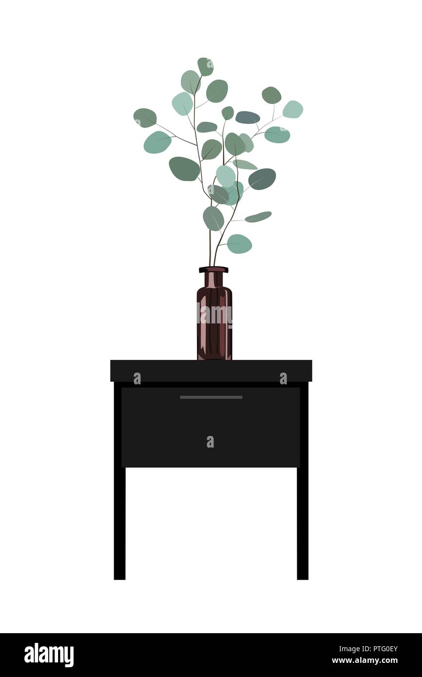 Rami di eucalipto in una bottiglia scura vaso permanente al comodino. Interior design elemento. Sfondo bianco. Illustrazione Vettoriale Illustrazione Vettoriale