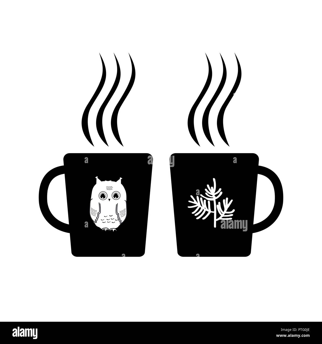 Due Cartoon carino tazze con bevanda calda. Bianco e nero silhouette. Hygge elemento di design, illustrazione vettoriale Illustrazione Vettoriale