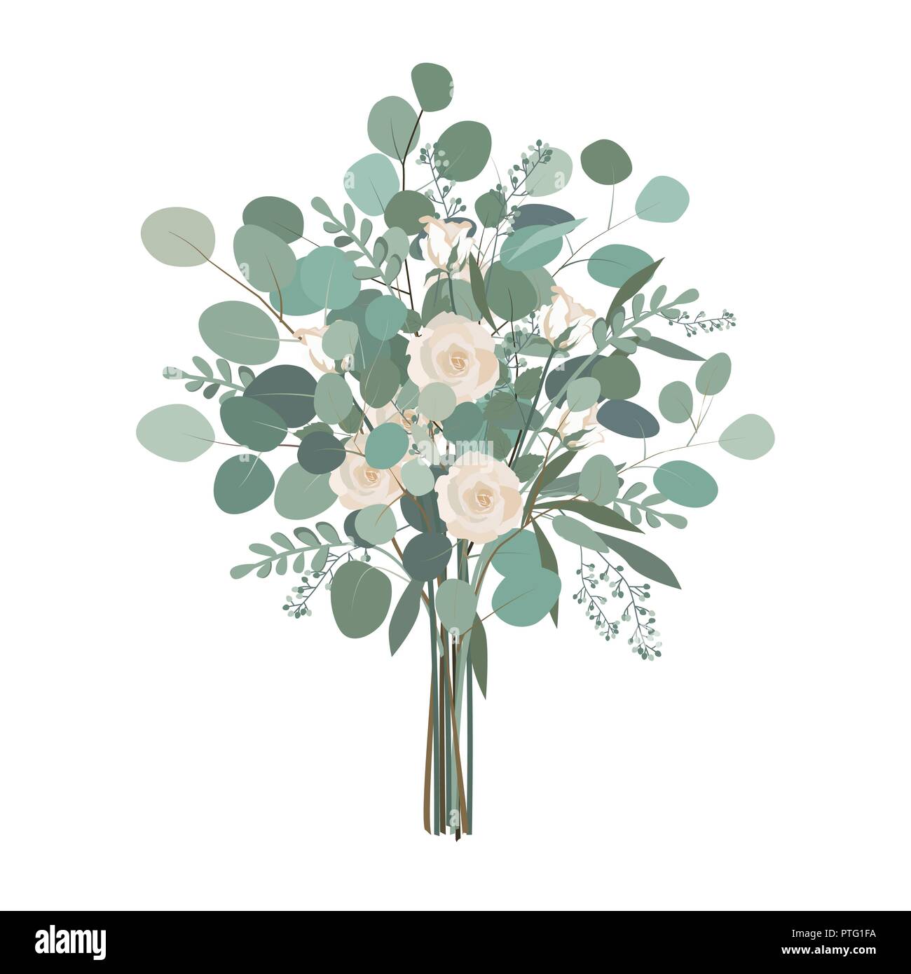 Bouquet nozze con rose fiori, seminati e silver dollar verde eucalipto. Illustrazione Vettoriale, isolato su bianco Illustrazione Vettoriale