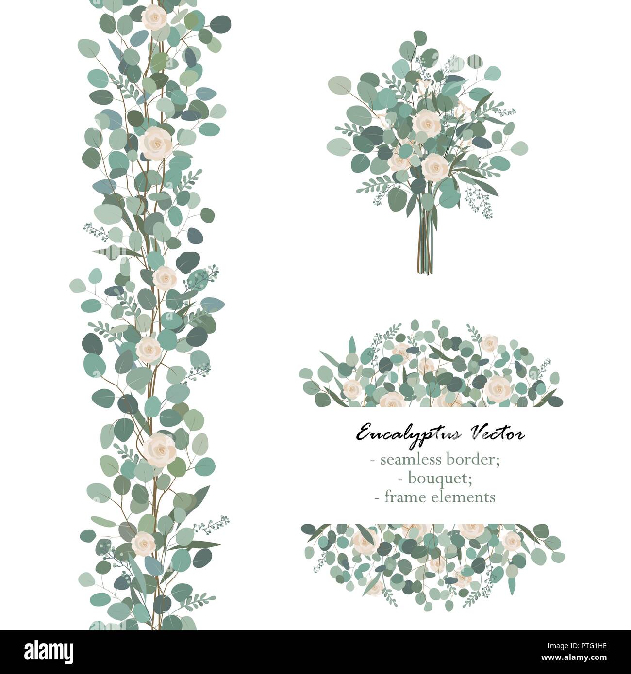 Gli elementi di design con white rose fiori e rami di eucalipto. Bouquet, frontiera senza giunture, elemento di telaio. Saluto, wedding invitare modello. Il vettore Illustrazione Vettoriale