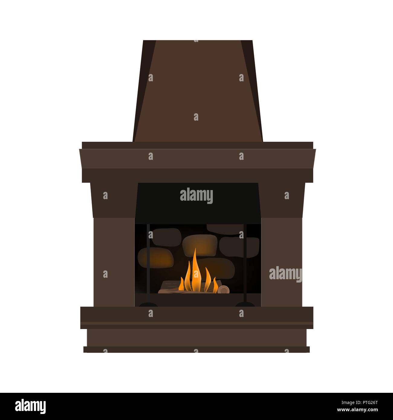 Camino in danese hygge style - accogliente e confortevole. Fiamma di fuoco interno e marrone a telaio in legno di costruzione. Illustrazione Vettoriale in stile realistico Illustrazione Vettoriale