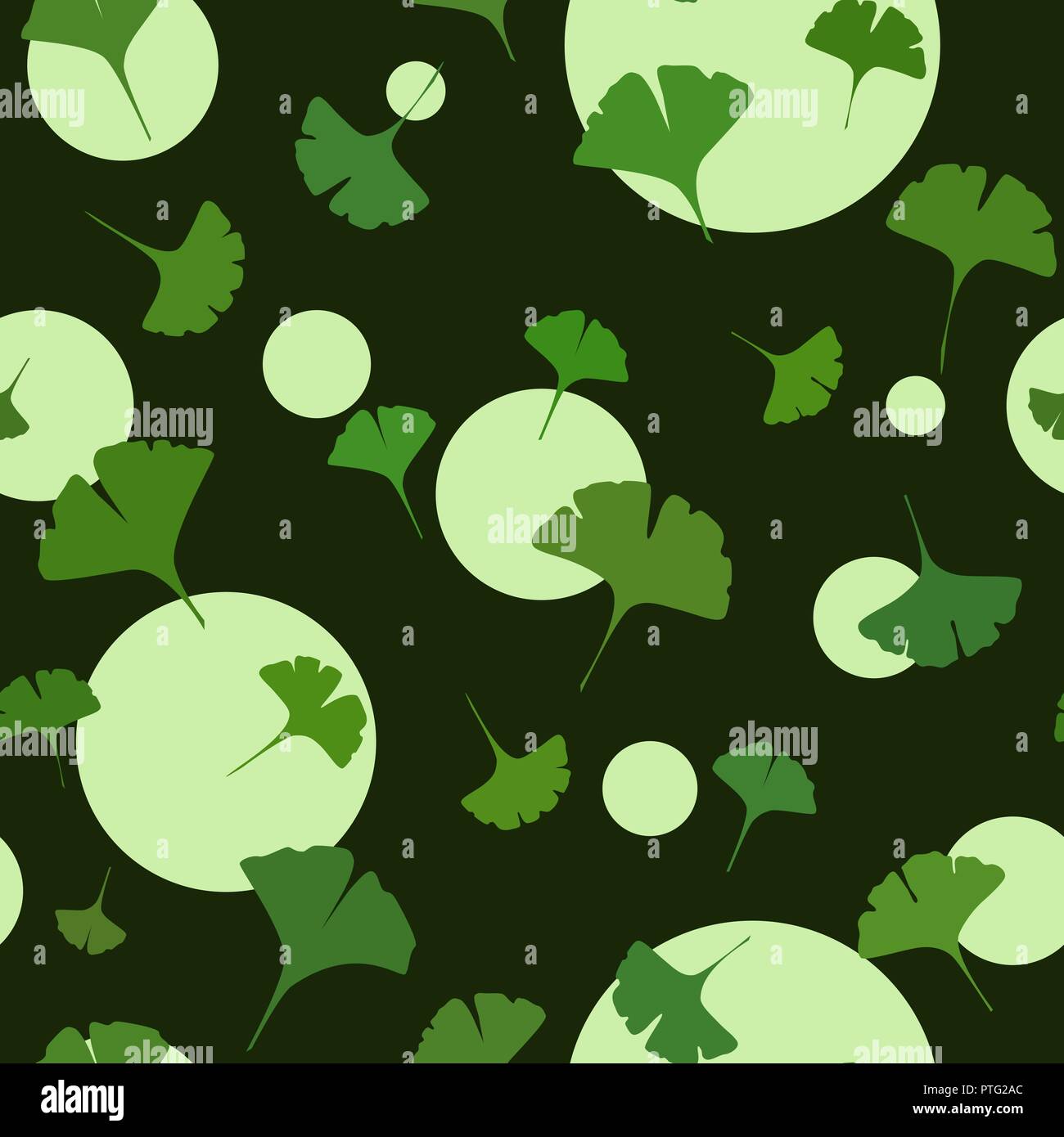 Il Ginkgo Seamless Pattern su sfondo scuro con cerchi carini. Illustrazione Vettoriale Illustrazione Vettoriale