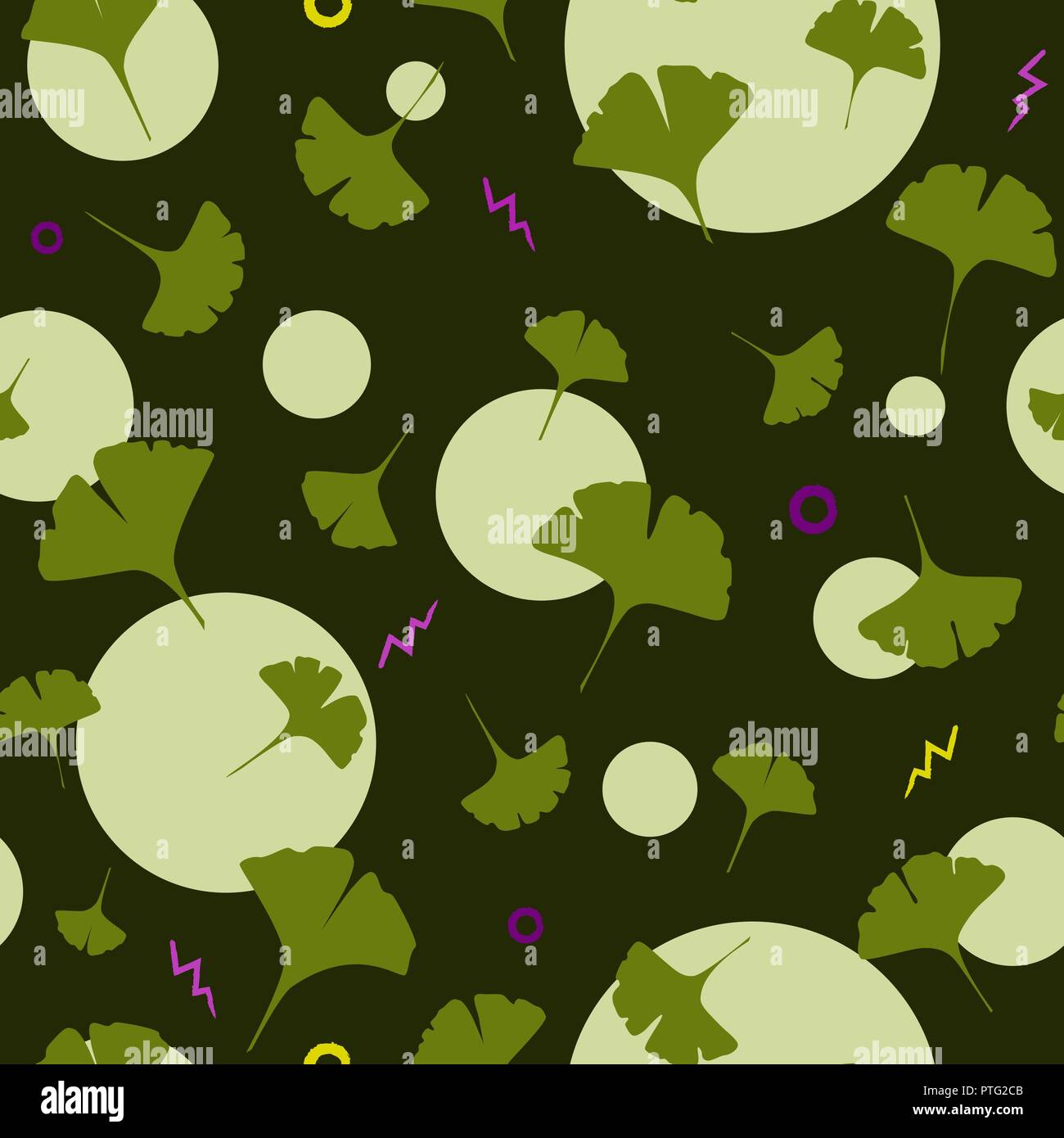 Il Ginkgo Seamless Pattern su sfondo scuro con cerchi carini e alleggerimento del fumetto. Illustrazione Vettoriale Illustrazione Vettoriale