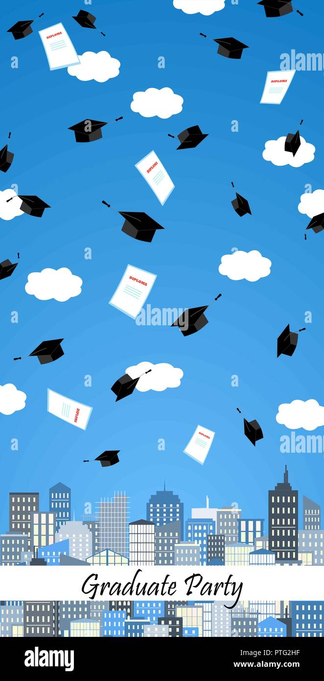 Cappelli di graduazione in alto in aria al di sopra della città. Cerimonia di laurea sfondo. Scheda vettore. Illustrazione Vettoriale