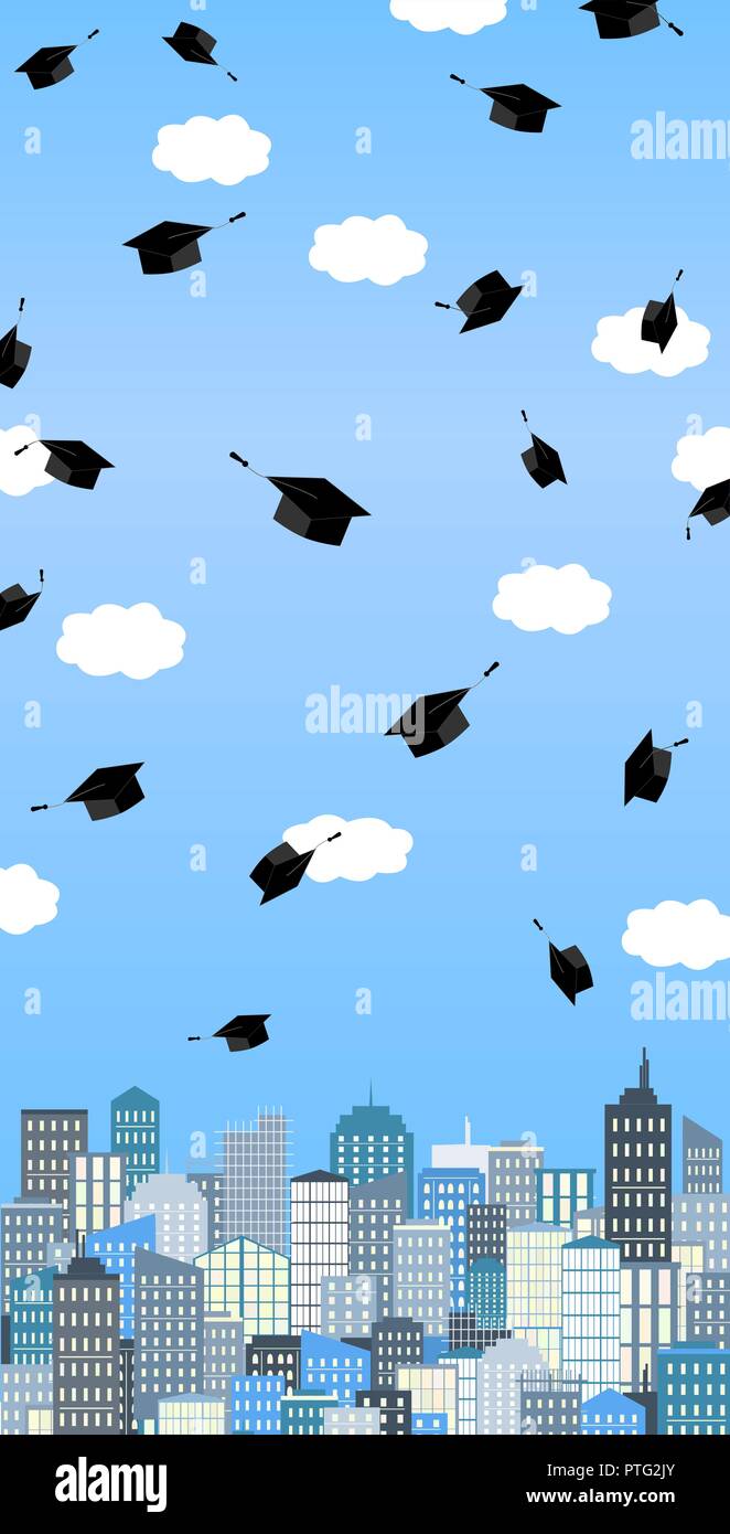 Cappelli di graduazione in alto in aria al di sopra della città. Cerimonia di laurea sfondo. Scheda vettore. Illustrazione Vettoriale