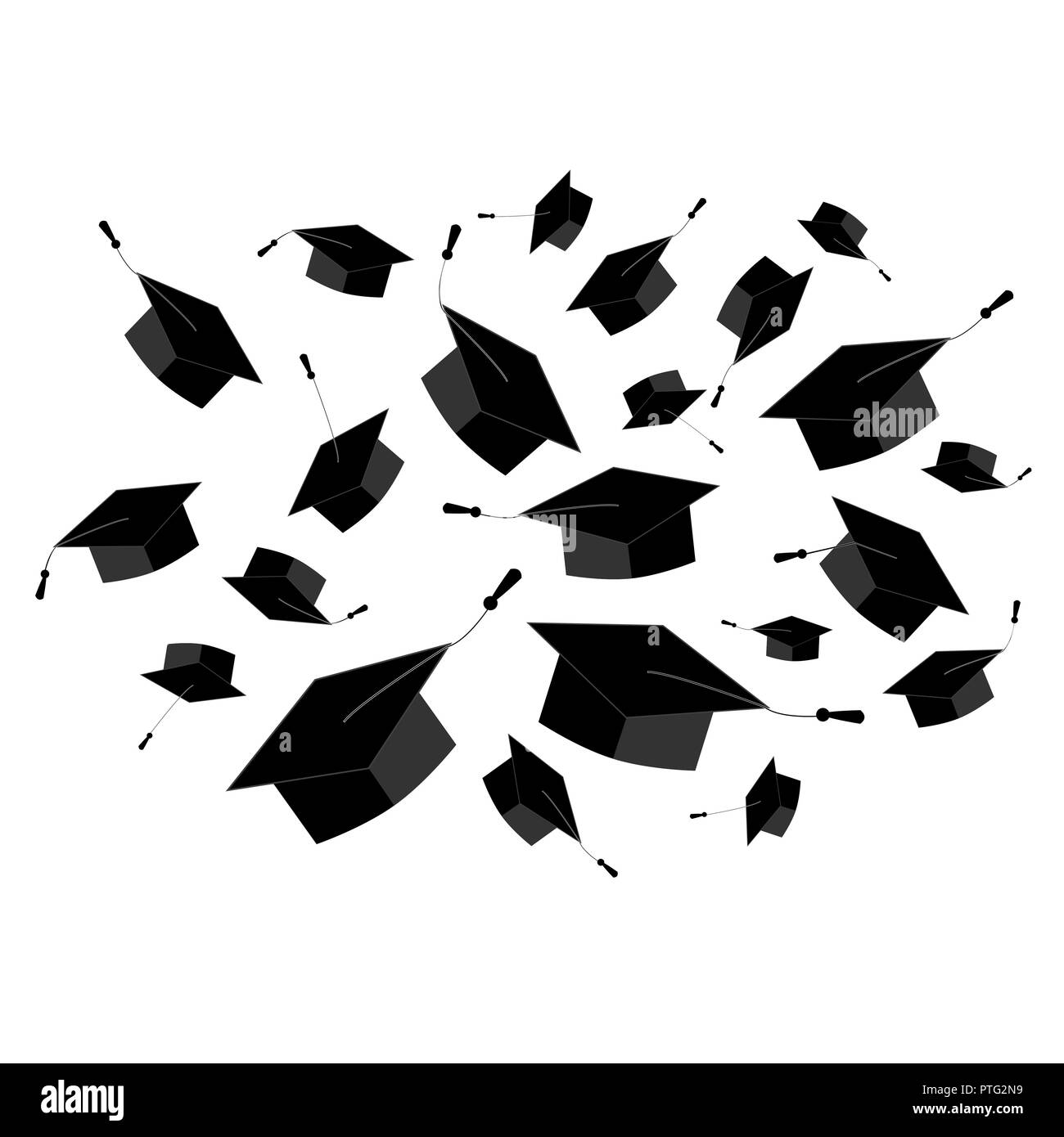 Tappi di graduazione volare in aria in un momento di festa. Abstract elemento cloud per la cerimonia di laurea di design. Illustrazione Vettoriale, in bianco e nero Illustrazione Vettoriale