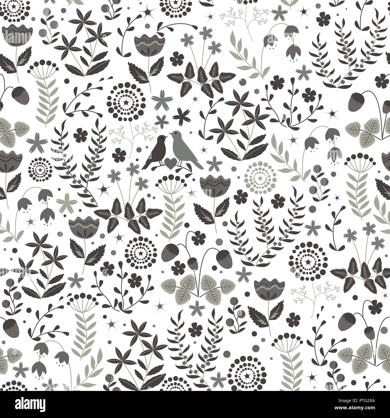 Floral seamless pattern con graziosi uccelli giovane su doodle flower background. Vettore. Scala di grigi Illustrazione Vettoriale