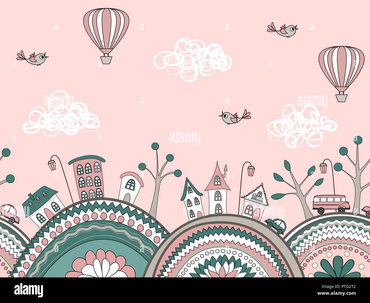 Carino doodle seamless pattern con ornati colline e città del fumetto. Vector greeting card sfondo . Tavolozza dei colori pastello Illustrazione Vettoriale