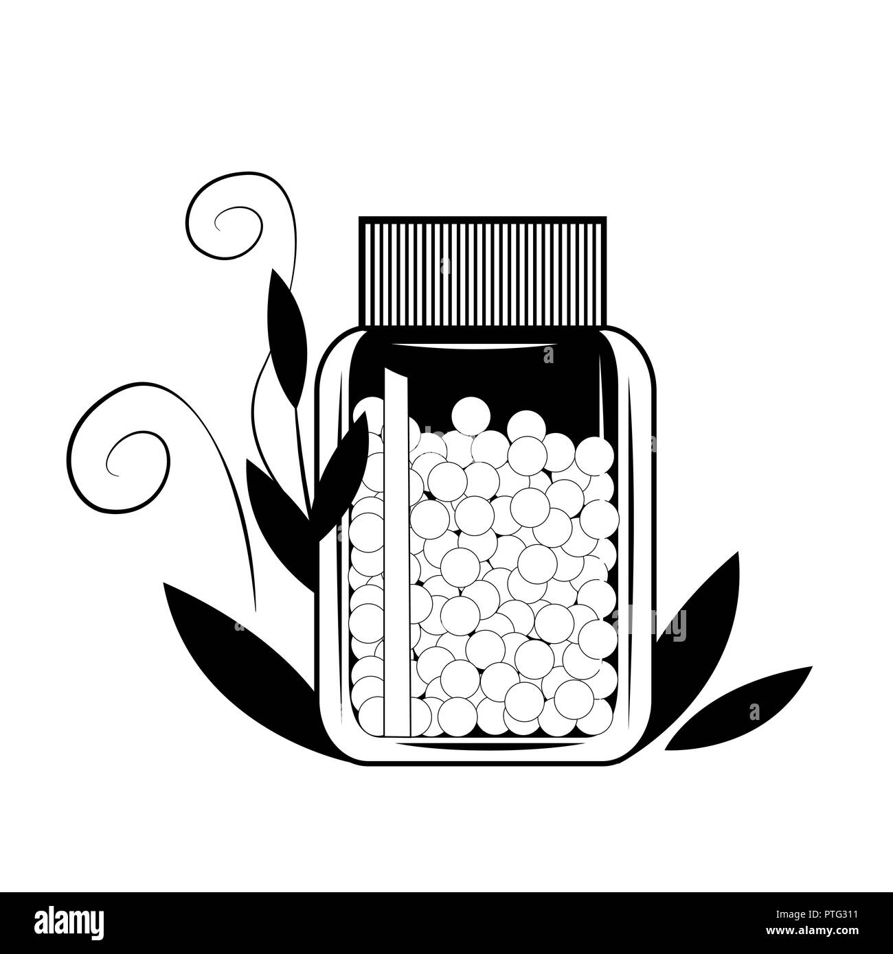 Bottiglia con gomeophatic granulas. Omeopatici e pillole a base di erbe. Concetto di salute. Illustrazione Vettoriale, in bianco e nero Illustrazione Vettoriale
