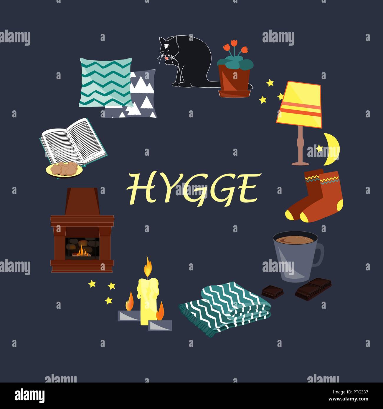 Telaio Hygge. Illustrazione Vettoriale con accogliente casa cose come candele, calze, wrap, cacao, camino. Danese concetto vivente. Biglietto di auguri modello Illustrazione Vettoriale