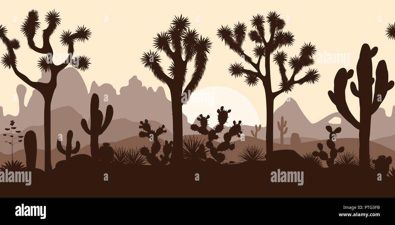 Deserto seamless pattern con sagome di alberi di Joshua, opuntia, e cactus Saguaro. Le montagne sullo sfondo. Illustrazione Vettoriale