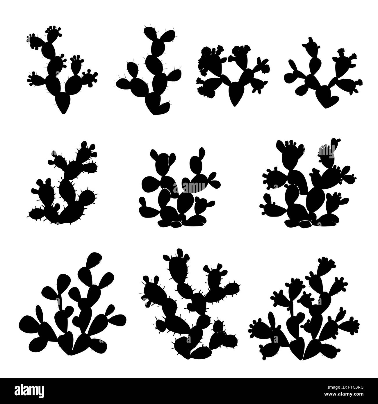 Ficodindia collezione di cactus. L' Opuntia di varie forme isolate su sfondo bianco. , Di Opuntia ficus indica silhouette. Messico paese simbolo, vecto Illustrazione Vettoriale