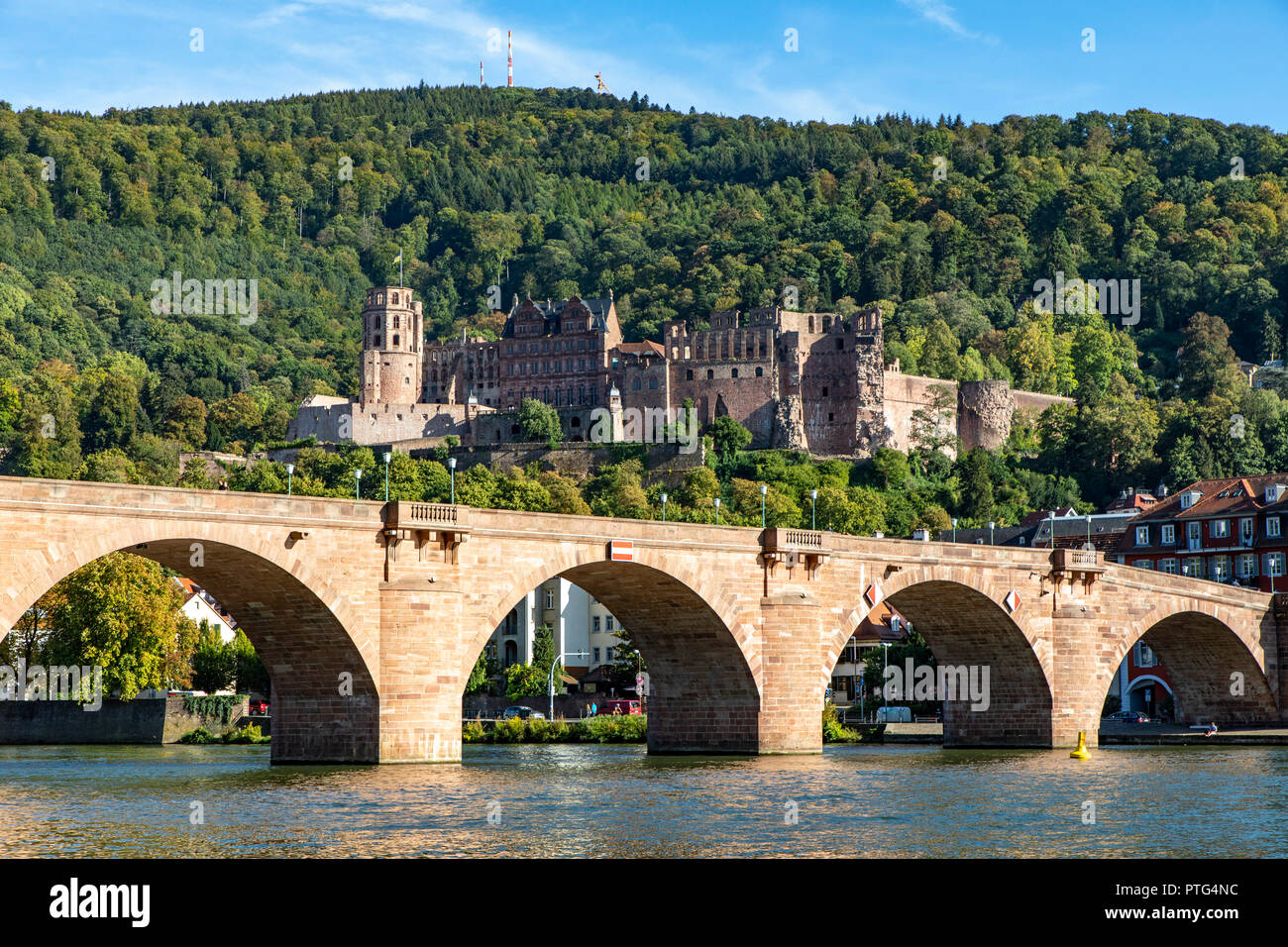 Il Vecchio Ponte sul fiume Neckar, di fronte alla città vecchia di Heidelberg, Castello di Heidelberg, Germania, Foto Stock