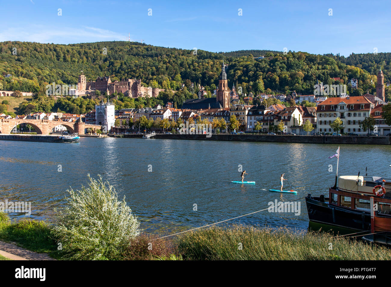 Il Vecchio Ponte sul fiume Neckar, di fronte alla città vecchia di Heidelberg, Castello di Heidelberg, Germania, Foto Stock