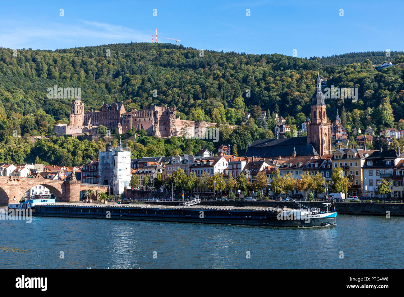 Il Vecchio Ponte sul fiume Neckar, di fronte alla città vecchia di Heidelberg, Castello di Heidelberg, Germania, Foto Stock