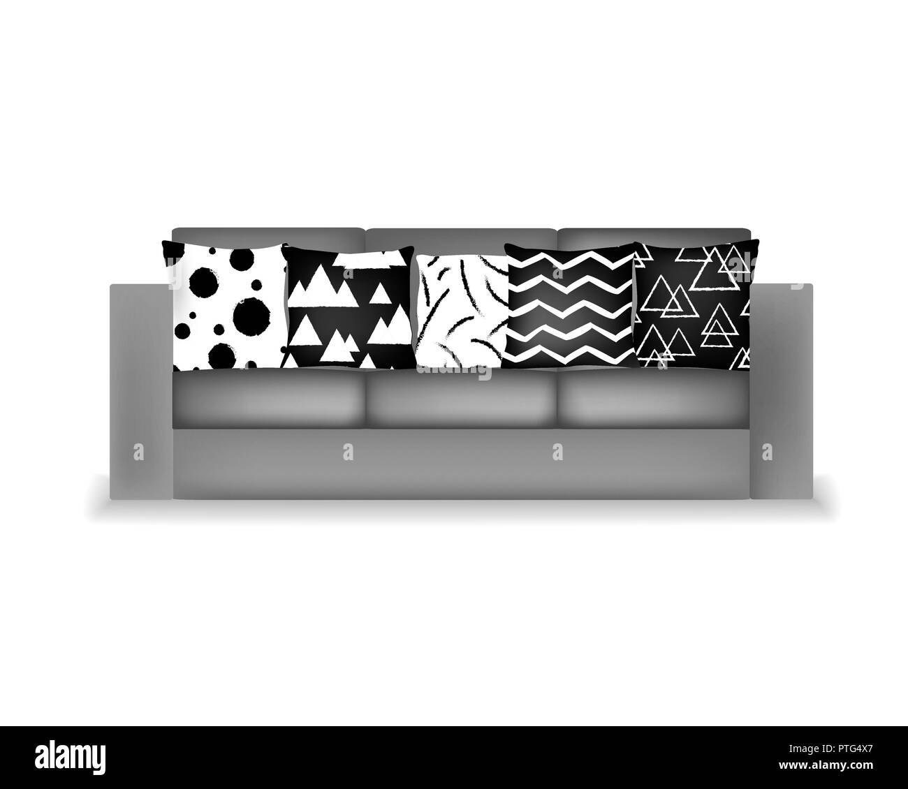 Grigio chiaro tessuto tre posti divano moderno con moredr ornamento in bianco e nero dei cuscini. Illustrazione Vettoriale Illustrazione Vettoriale