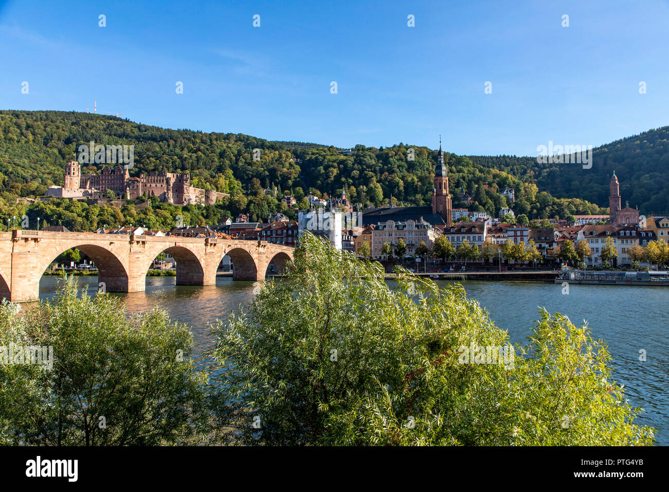 Il Vecchio Ponte sul fiume Neckar, di fronte alla città vecchia di Heidelberg, Castello di Heidelberg, Germania, Foto Stock