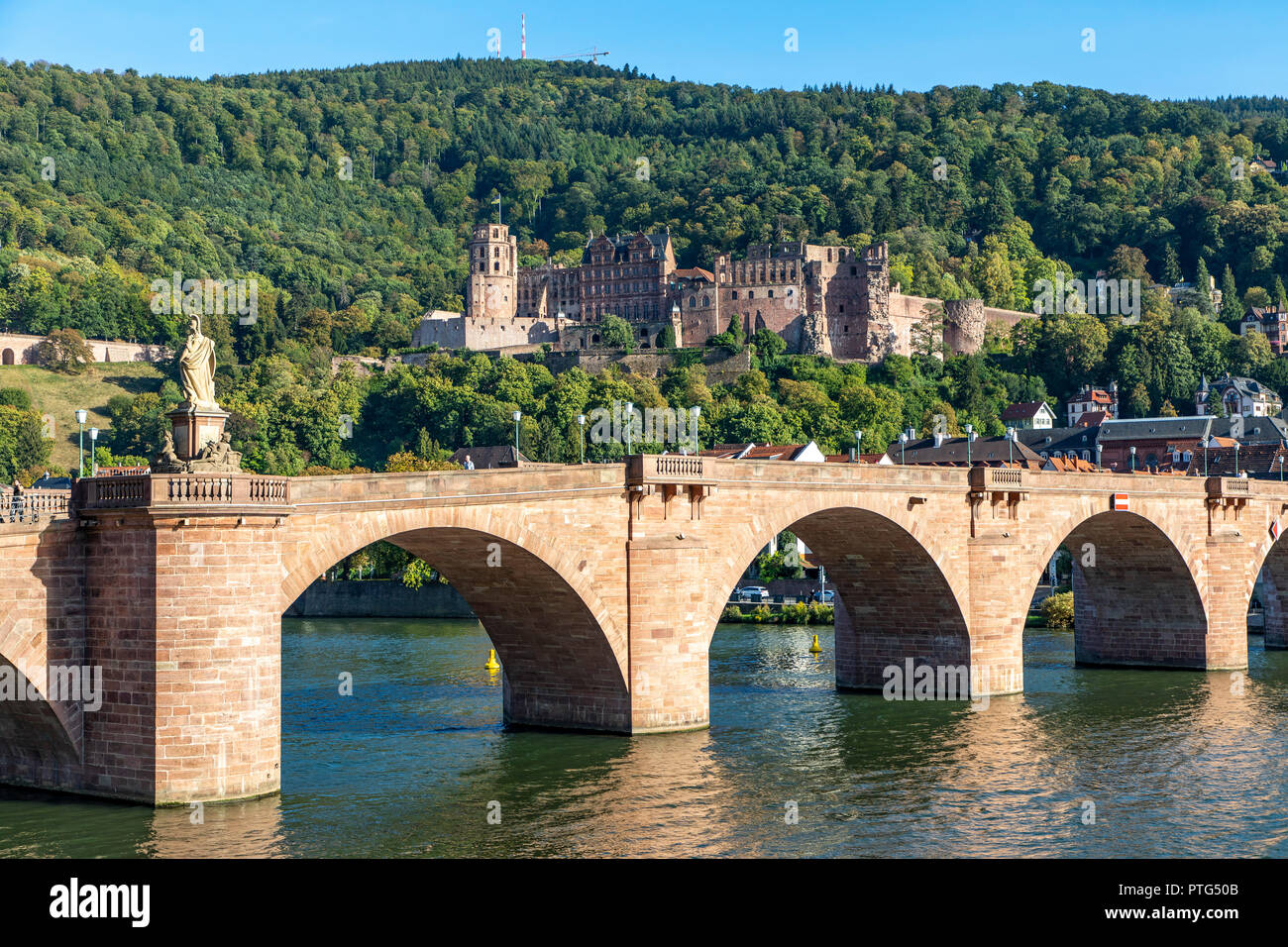 Il Vecchio Ponte sul fiume Neckar, di fronte alla città vecchia di Heidelberg, Castello di Heidelberg, Germania, Foto Stock