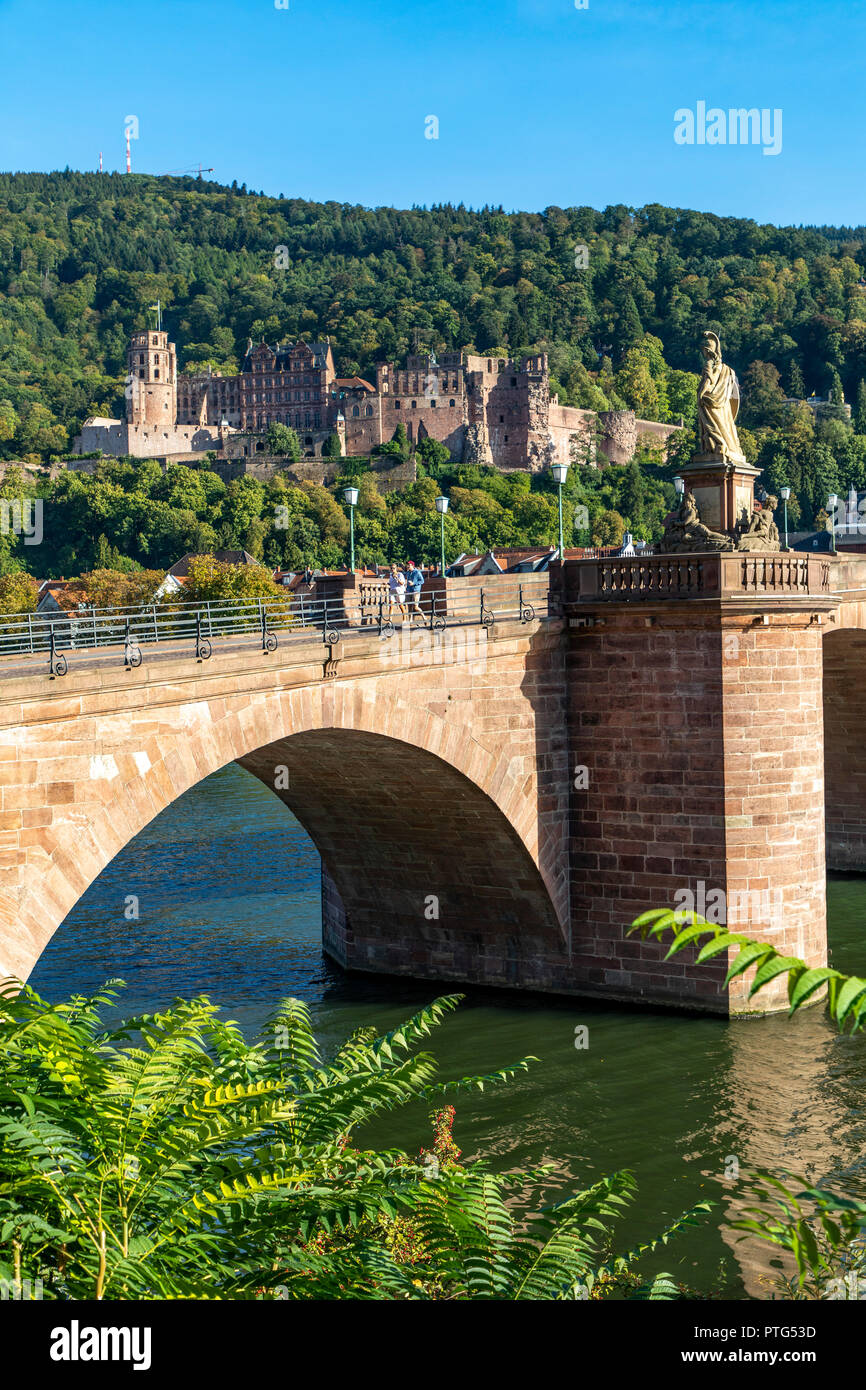 Il Vecchio Ponte sul fiume Neckar, di fronte alla città vecchia di Heidelberg, Castello di Heidelberg, Germania, Foto Stock