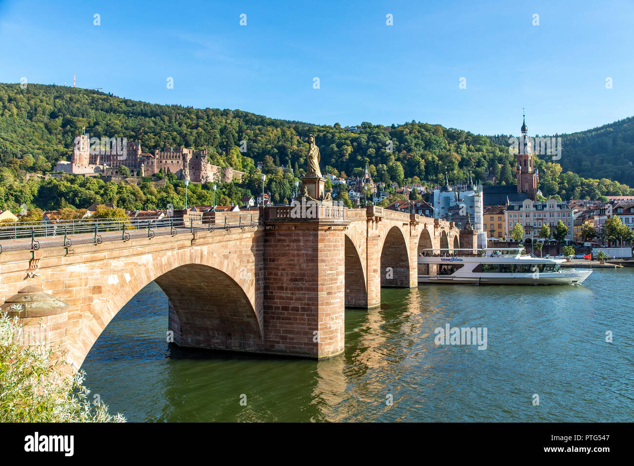 Il Vecchio Ponte sul fiume Neckar, di fronte alla città vecchia di Heidelberg, Castello di Heidelberg, Germania, Foto Stock