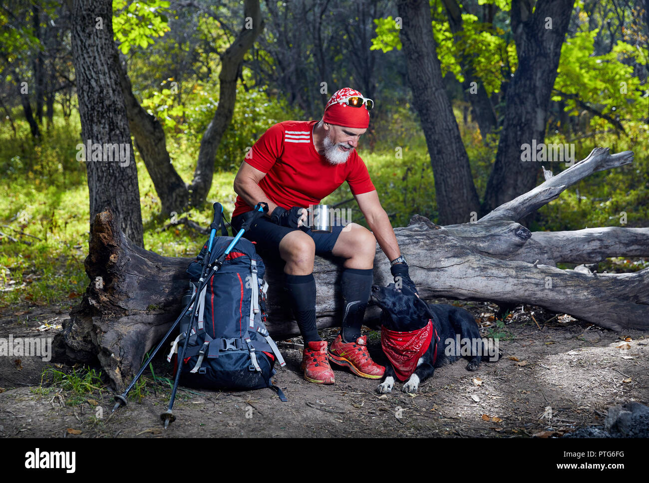 Uomo Barbuto in maglietta rossa come accarezzare un cane nella foresta. Esterno il concetto di viaggio Foto Stock