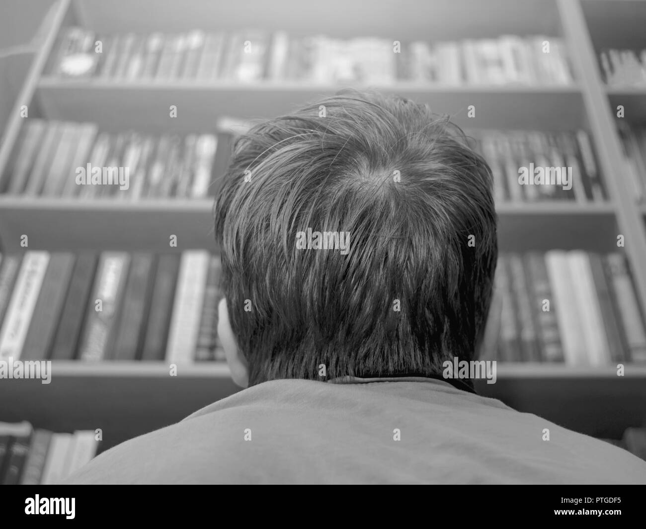 Ragazzo, studente cercando gli scaffali a casa, a scuola, in biblioteca o in una libreria. L'istruzione accademica, rigido concetto di apprendimento. Foto Stock