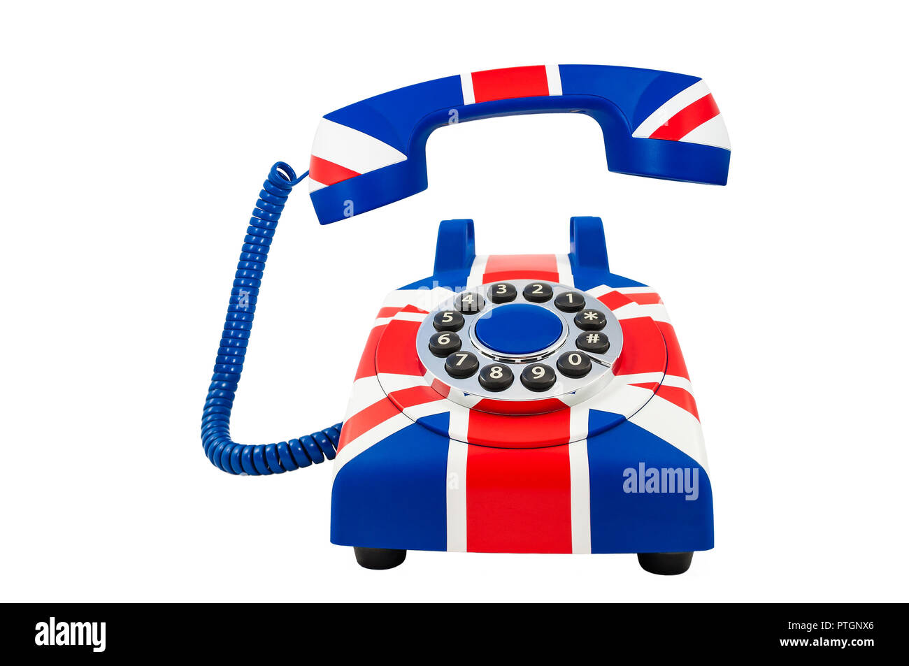 Unione Jack telefono con pattern di bandiera britannica isolato su uno sfondo bianco. Unione Jack telefono con la cornetta flottante. Foto Stock