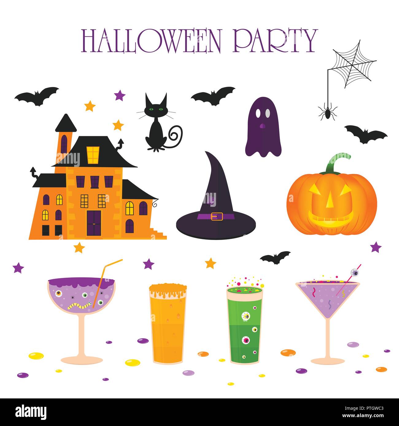 Set di carino vettore icone di Halloween di zucca, castello, cat, ghost, candy, bat, cappello, cocktail. Elementi, oggetti per carta vacanze, holliday invito Illustrazione Vettoriale