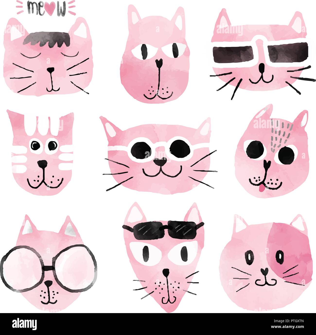 Acquerello rosa divertente gatto facce impostato Illustrazione Vettoriale