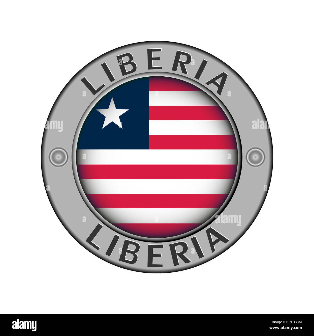 Rotondo di metallo medaglione con il nome del paese di Liberia e una bandiera rotonda nel centro Illustrazione Vettoriale