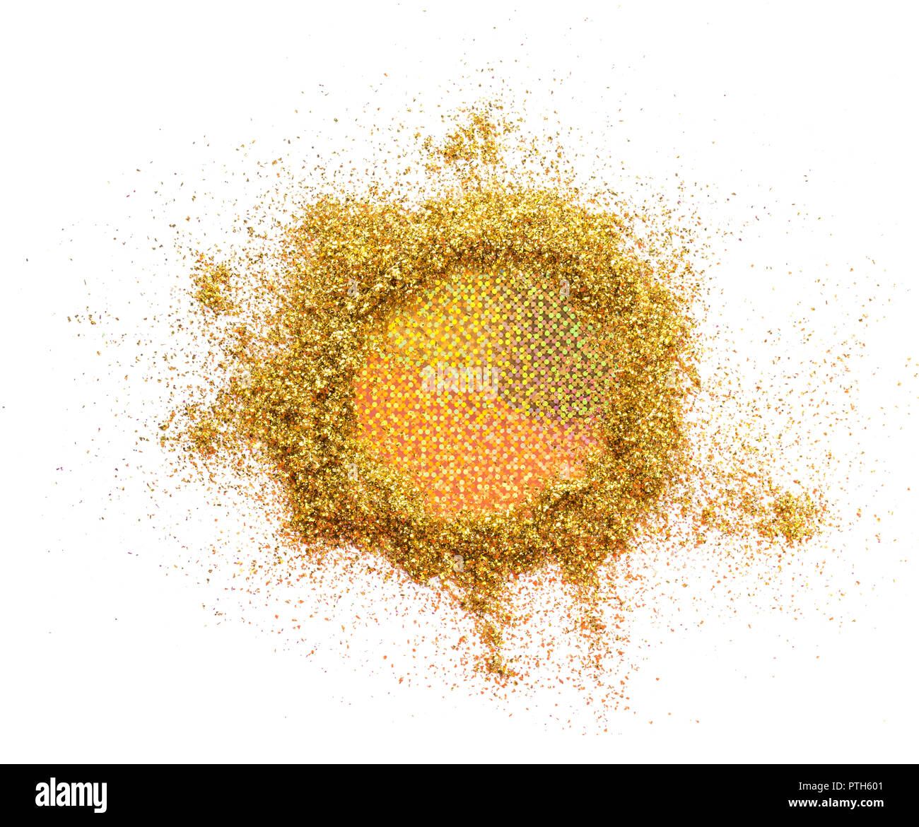 Un Cerchio d'oro glitter su un fondo bianco con un centro fluorescente. Foto Stock