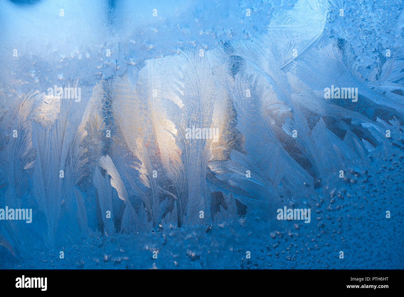 Close-up di strisce blu openwork frosty pattern simile come piume e sole invernale sul riquadro della finestra. Foto Stock