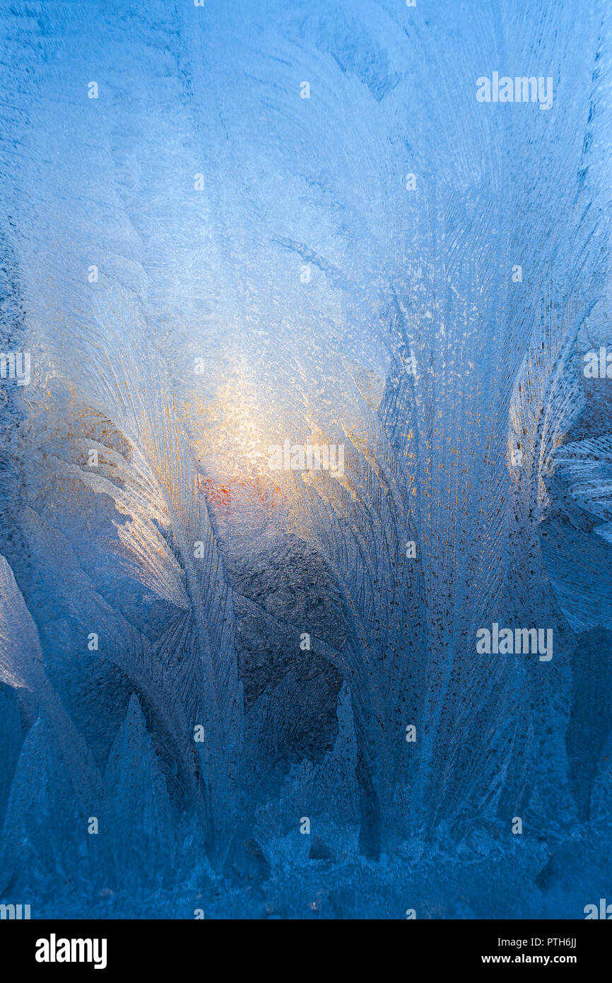 Close-up di openwork blu Inverno gelido pattern simile come piume e sole invernale sul congelati nel riquadro di vetro. Foto Stock