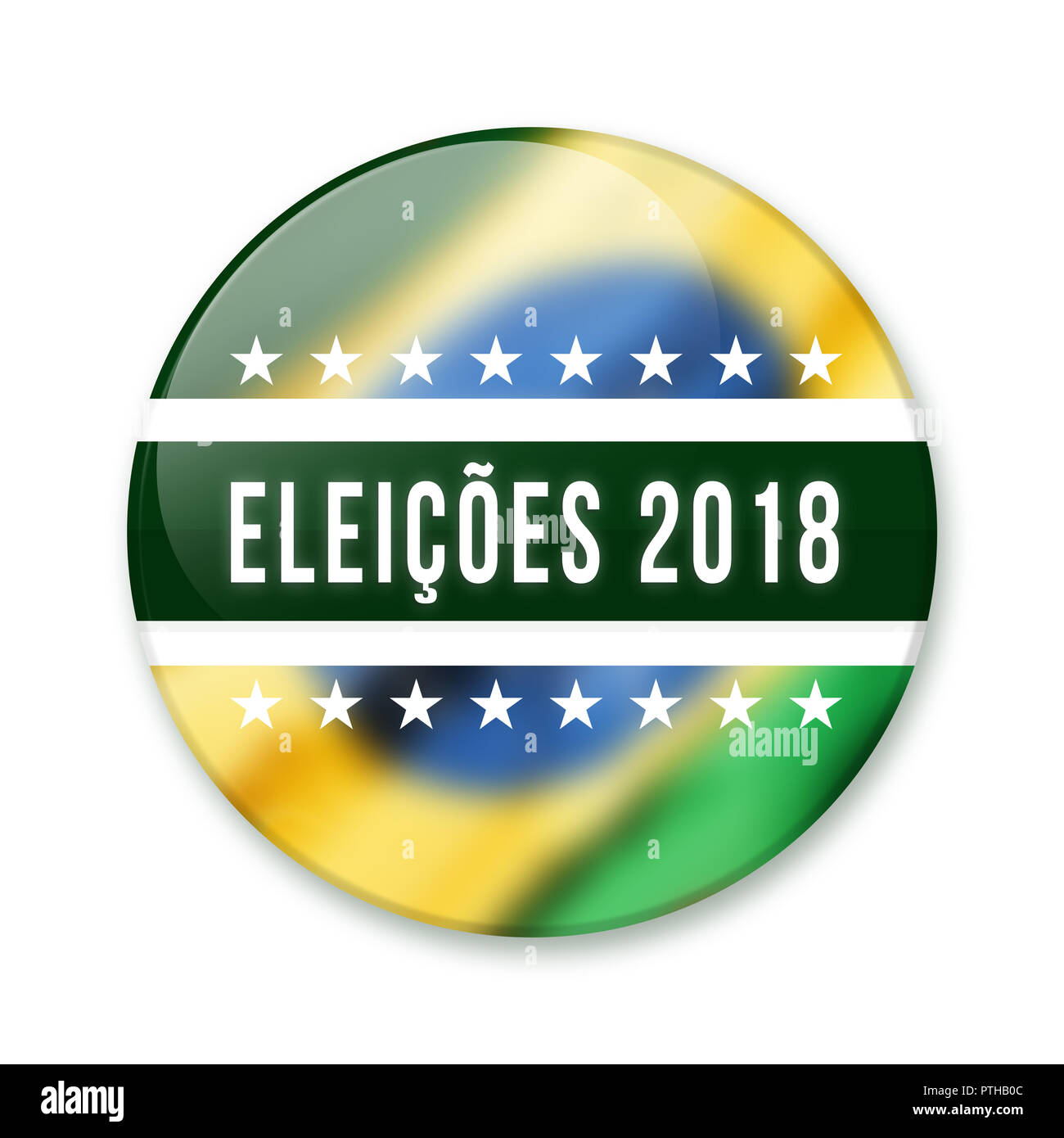 Distintivo per il brasiliano elezioni del 2018. Badge arrotondati scritto Eleicoes 2018 con la bandiera brasiliana tema sfocati sullo sfondo. Foto Stock