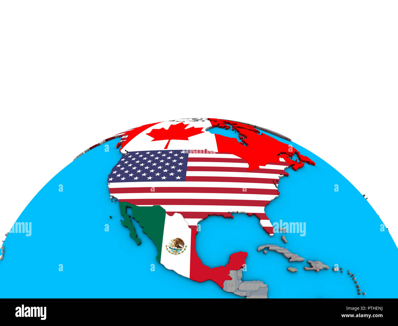 Il NAFTA memeber membri con embedded bandiere nazionali sulle politiche globo 3D. 3D'illustrazione. Foto Stock