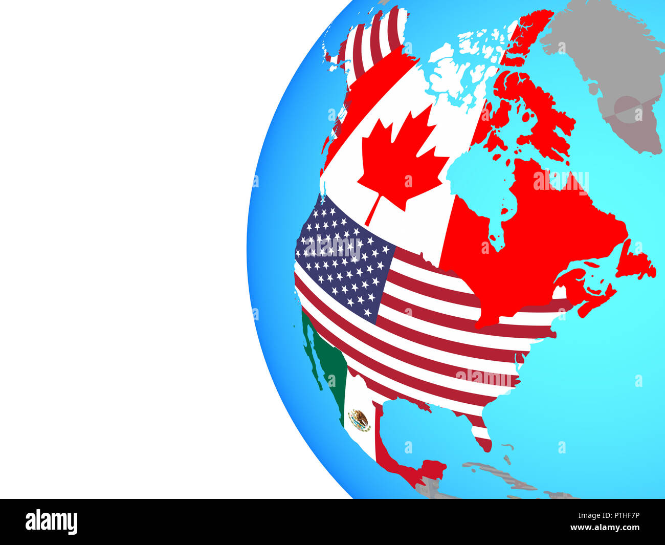 Il NAFTA memeber membri con embedded bandiere nazionali sul blu globo politico. 3D'illustrazione. Foto Stock