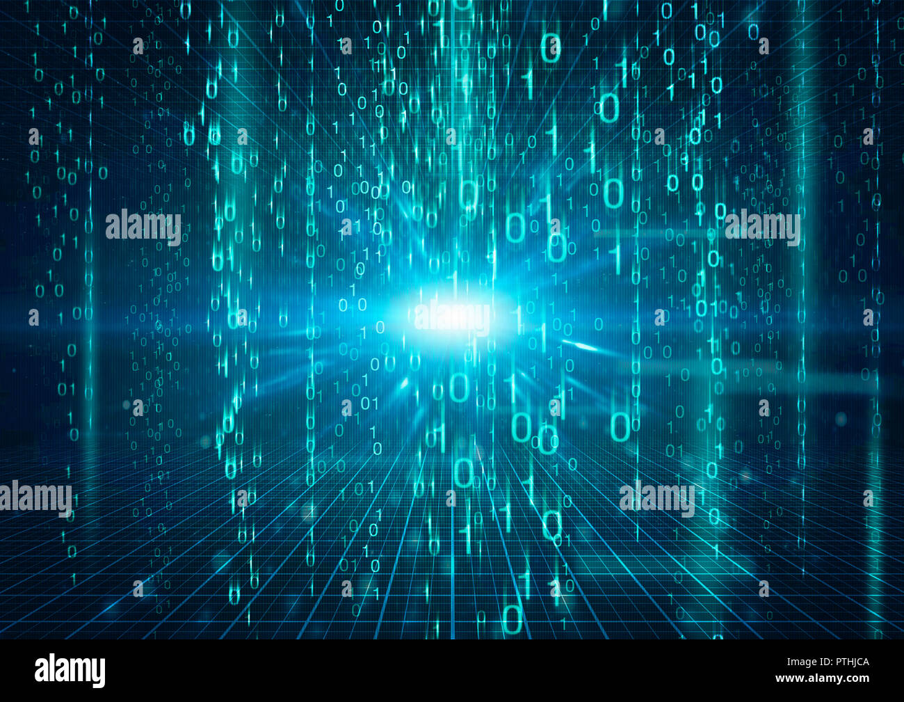 Digital immagine generata di luce splende dietro il codice binario Foto Stock