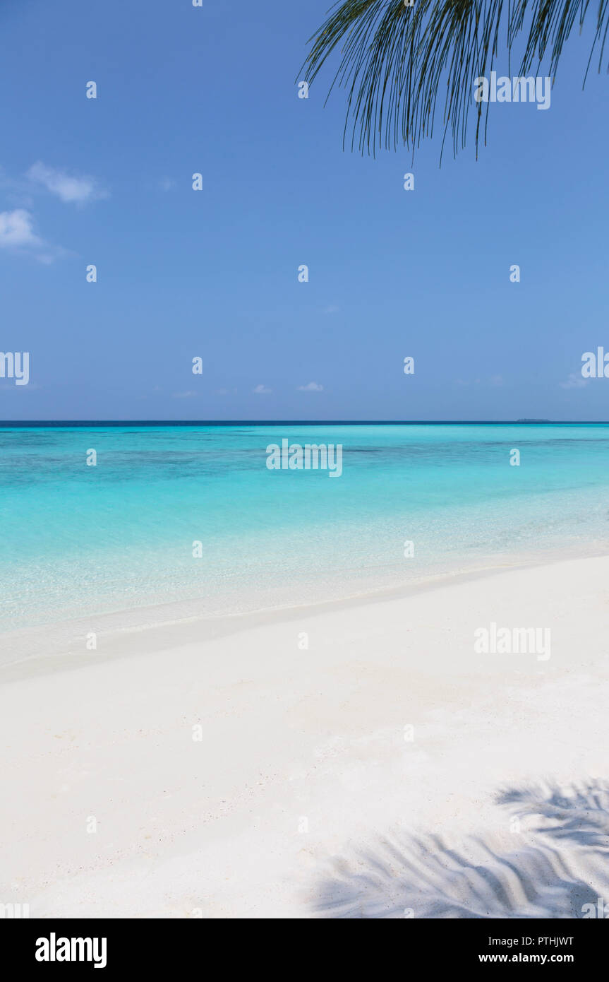 Tranquilla e sunny beach e blue ocean, Maldive, Oceano Indiano Foto Stock