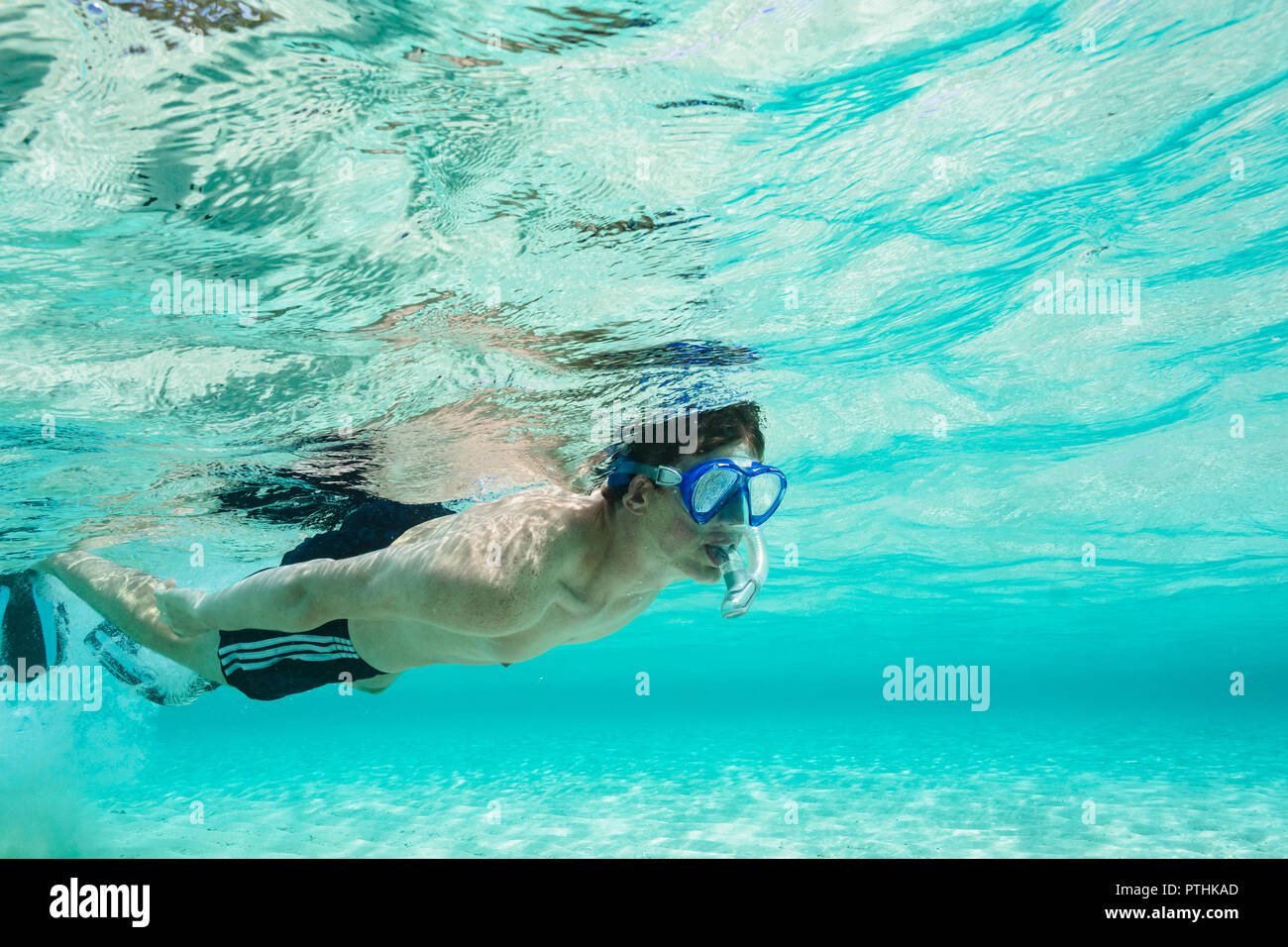 Giovane uomo snorkeling subacquea, Vava'u, Tonga, Oceano Pacifico Foto Stock