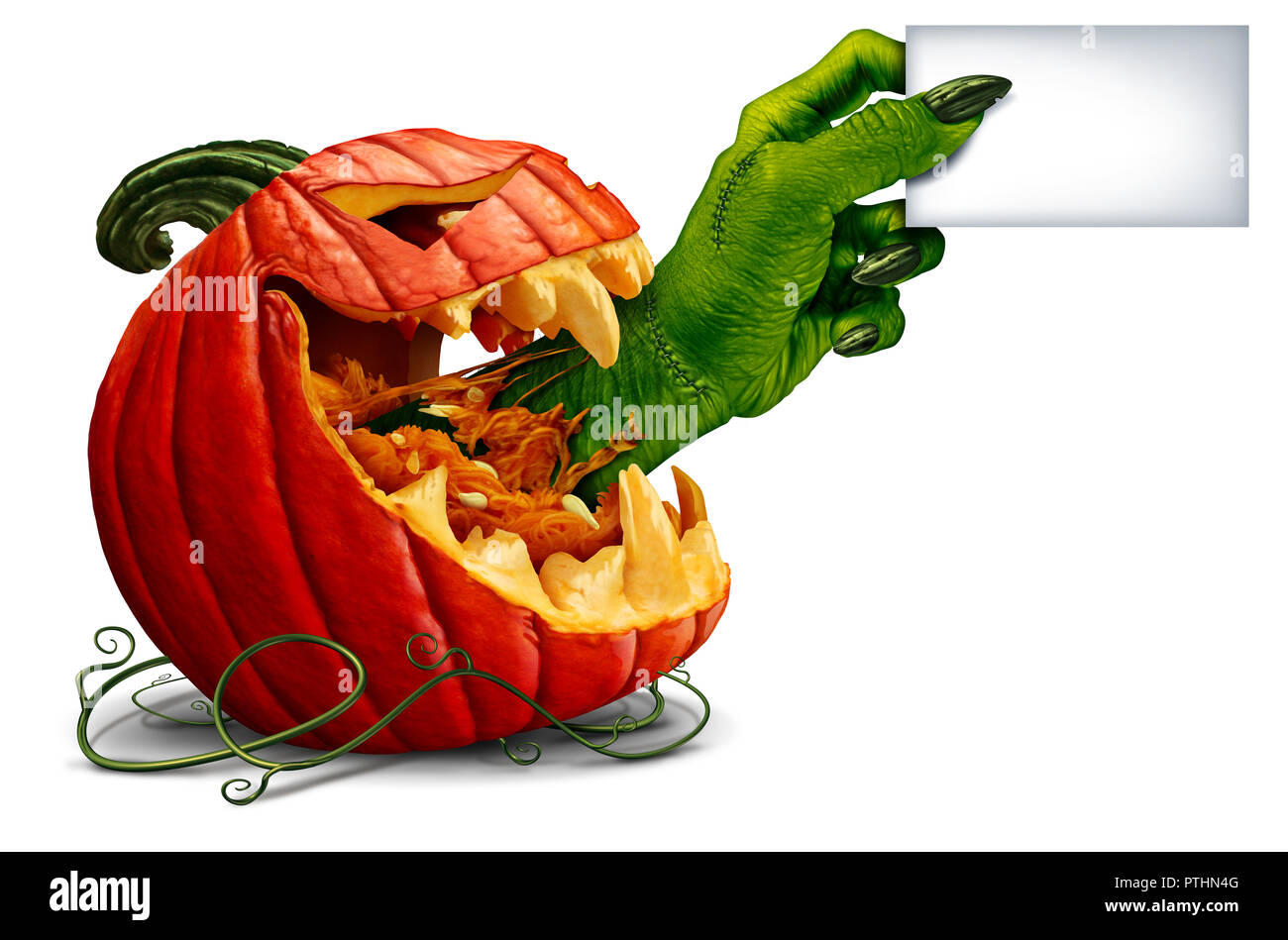 Mano di zombie e jack o zucca lanterna segno con una mano verde tenendo un cartello bianco carta come creepy halloween o scary simbolo come mostro. Foto Stock